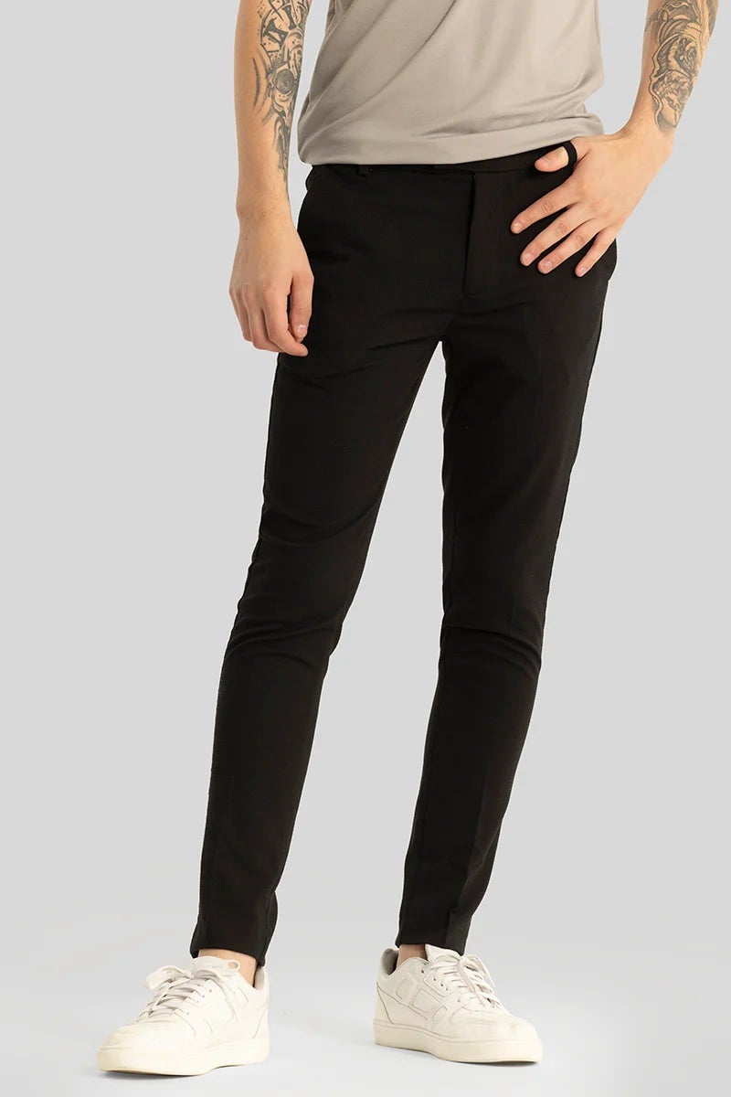 SNITCH Yann Black Plain Slim Fit Trousers - Image 1